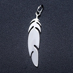 Stainless Steel Color 201 Stainless Steel Pendants, Stamping Blank Charms, with Unsoldered Jump Rings, Feather, Stainless Steel Color, 26x6x1mm, Hole: 3mm, Jump Ring: 5x0.8mm