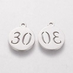 Stainless Steel Color 201 Stainless Steel Charms, Flat Round with Number 30, Stainless Steel Color, 14.1x11.8x1mm, Hole: 1mm