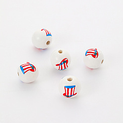 Hat Independence Day Printed Wood Beads, Round, White, Hat Pattern, 16mm