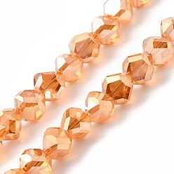 Light Salmon Transparent Electroplate Glass Beads Strands, Faceted, Triangle, Light Salmon, 8~9x8.5~9x8.5~9mm, Hole: 1.5mm, about 50pcs/strand, 16.69''(42.4cm)