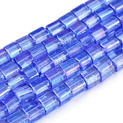 Bleu Royal Brins de perles de verre de galvanoplastie transparentes, de couleur plaquée ab , rectangle, bleu royal, 3~8.5x3.5~4x3.5~4mm, Trou: 1.2mm, Environ 96~101 pcs/chapelet, 15.16 pouces ~ 15.55 pouces (38.5~39.5 cm)
