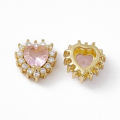 Pink Rack Plating Brass Micro Pave Cubic Zirconia Beads, with Glass, Real 18K Gold Plated, Long-Lasting Plated, Cadmium Free & Nickel Free & Lead Free, Heart, Pink, 10.5x10.5x6mm, Hole: 1.2~3.5x1.2~1.4mm