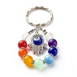 Blue Tibetan Style Alloy Frame Keychain, with Handmade Evil Eye Lampwork Bead and Natural Mixed Stone, Iron Findings and Tiger Tail Wire, Hamsa Hand & Round & Evil Eye, Blue, 7.7cm