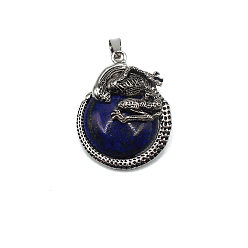 Lapis Lazuli Natural Lapis Lazuli Pendants, Flat Round Charms with Skeleton, with Antique Silver Plated Metal Findings, 40x35mm