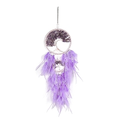 Feather Retro Style Iron & Natural Amethyst Pendant Hanging Decoration, Woven Net/Web with Feather Wall Hanging Wall Decor, 160mm