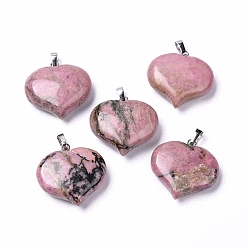 Rhodonite Natural Rhodonite Pendants, Love Heart Charms, with Platinum Tone Brass Snap on Bails, 24~25.5x25x9.5~10mm, Hole: 8x2.8mm