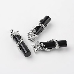 Black Agate Tube Natural Black Agate Pendants, with Dragon Brass Findings, Platinum, 48x15x10mm, Hole: 7x5mm