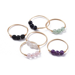 Mixed Stone Natural Gemstone Finger Rings, with Brass Copper Jewelry Wire, Golden, Size 8~10, 18~20mm