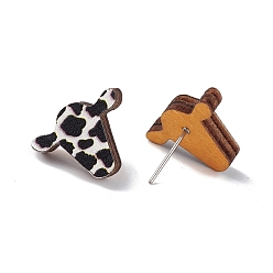 Cattle Natural Wood Stud Earrings, 316 Stainless Steel Jewelry for Women, Cow Pattern, 14x17.5mm, Pin: 0.6mm