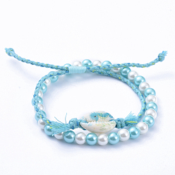 Sea Horse Adjustable Braided Bead Bracelets and Stretch Bracelets Sets, with Printed Cowrie Shell Beads, Glass Pearl Beads, Cotton Cord and Nylon Thread, Sea Horse Pattern, Braided Bead Bracelets: Inner Diameter: 3/4 inch~3-1/8 inch(1.8~8cm), Stretch Bracelets: Inner Diameter: 2 inch(5.2cm), Beads: 6mm, 2pcs/set