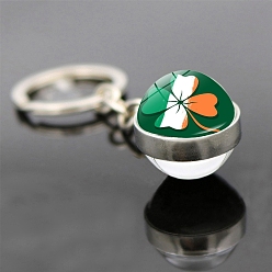 Platinum Saint Patrick's Day Glass Double-sided Ball Keychains, with Alloy Finding, for Backpack, Keychain Decor, Clover Pattern, Platinum, 8cm