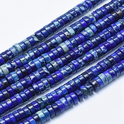 Bleu Brins de perles de jaspe impérial naturel, teint, perles heishi, Plat rond / disque, bleu, 6x3~3.5mm, Trou: 1mm, Environ 135 pcs/chapelet, 15.7 pouce (40 cm)