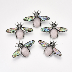 Rose Quartz Natural Rose Quartz Brooches/Pendants, with Rhinestone and Alloy Findings, Abalone Shell/Paua Shelland Resin Bottom, Bee, Antique Silver, 36x56.5x14mm, Hole: 7x4mm, Pin: 0.7mm