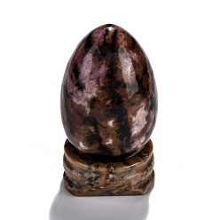 Rhodonite Natural Rhodonite Display Decorations, with Base, Egg Shape Stone, 56mm, Egg: 47x30mm