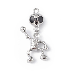 Platinum Halloween Alloy Enamel Pendants, Skeleton Charm, Platinum, 34~36x18~19x6~7mm, Hole: 2~2.3mm