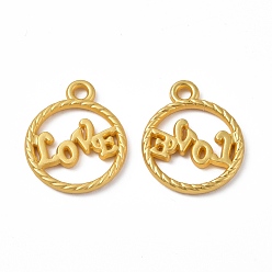 Matte Gold Color Rack Plating Alloy Pendants, Cadmium Free & Lead Free & Nickle Free, Flat Round with Word LOVE Charms, Matte Gold Color, 19x15.5x2mm, Hole: 1.8mm