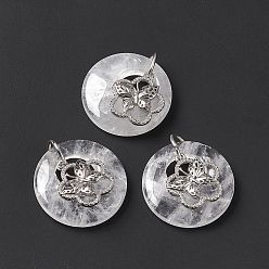 Quartz Crystal Natural Quartz Crystal Pendants, Rock Crystal Pendants, Flat Round Charms, with Platinum Tone Brass Flower with Butterfly Findings, Cadmium Free & Nickel Free & Lead Free, 30~35x28~32x10~10.5mm, Hole: 2mm
