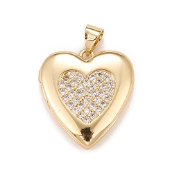 Clear Brass Micro Pave Cubic Zirconia Locket Pendants, Photo Frame Charms for Necklaces, Real 18K Gold Plated, Lead Free & Cadmium Free, Heart, Clear, 20.5x19x5mm, Hole: 4x3mm, Inner Diameter: 12x13.5mm