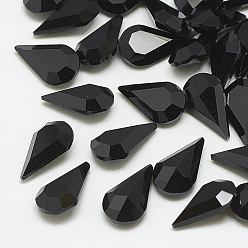 Jet Pointed Back Glass Rhinestone Cabochons, Faceted, teardrop, Jet, 10x6x3mm