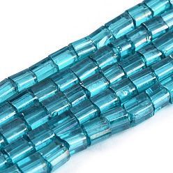 Turquoise Moyen Brins de perles de verre de galvanoplastie transparentes, de couleur plaquée ab , rectangle, turquoise moyen, 3~8.5x3.5~4x3.5~4mm, Trou: 1.2mm, Environ 96~101 pcs/chapelet, 15.16 pouces ~ 15.55 pouces (38.5~39.5 cm)