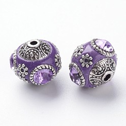 Purple Handmade Indonesia Round Beads, with Glass Cabochons and Antique Silver Metal Color Double Alloy Cores, Purple, 14~15x15~16mm, Hole: 2mm
