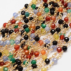 Colorful Faceted Round Natural Agate Handmade Beaded Chains, Unwelded, with Golden Brass Findings, Cadmium Free & Nickel Free & Lead Free, Colorful, 14.5x4mm