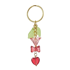 Red Bowknot & Heart Glass Pendant Decorations, with Acrylic Leaf/Flower Charm amd Iron Split Key Rings, Red, 8.8cm