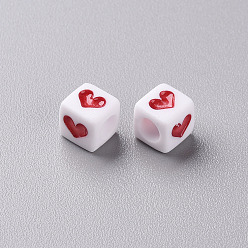 FireBrick White Opaque Acrylic Beads, Cube with Heart, FireBrick, 6.5x6x6mm, Hole: 3mm