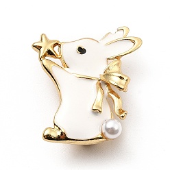 White Rabbit with ABS Pearl Beaded Enamel Pin, Golden Alloy Animal Brooch for Backpack Clothes, Cadmium Free & Lead Free, White, 22x19x5mm, Pin: 0.7mm