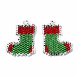 Vert Mer Moyen Miyuki & toho perles de rocaille japonaises, pendentifs faits à la main, Motif métier, chaussette de Noël, vert de mer moyen, 27x20x2mm, Trou: 1.5mm