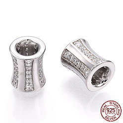 Real Platinum Plated Rhodium Plated 925 Sterling Silver Micro Pave Cubic Zirconia Beads, Column, Nickel Free, Real Platinum Plated, 9x7mm, Hole: 3.5mm