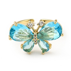 Light Sky Blue Cubic Zirconia Butterfly Open Cuff Ring, Real 18K Gold Plated Brass Jewelry for Women, Cadmium Free & Lead Free, Light Sky Blue, US Size 5 1/2(16.1mm)