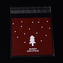 Dark Red Rectangle OPP Cellophane Bags for Christmas, with Tree Pattern, Dark Red, 13x9.9cm, Unilateral Thickness: 0.035mm, Inner Measure: 9.9x9.9cm, about 95~100pcs/bag