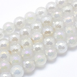 White Electroplated Natural Agate Beads Strands, Round, Faceted, White, 6mm, Hole: 1mm, about 64~65pcs/strand, 15.1~15.5 inch(38.5~39.5cm)