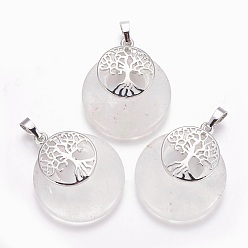 Quartz Crystal Natural Quartz Crystal Pendants, Rock Crystal Pendants, with Platinum Tone Brass Findings, Flat Round with Tree of Life, 32.5~33x27.5~28x5~6mm, Hole: 5x7mm