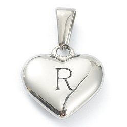 Letter R 304 Stainless Steel Pendants, Heart with Black Letter, Stainless Steel Color, Letter.R, 16x16x4.5mm, Hole: 7x3mm