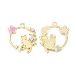 Pink Alloy Enamel Pendants, Golden, Rhinestone, Round wtih Cat, Flower with Star, Pink, 25x22.5x3mm, Hole: 2mm