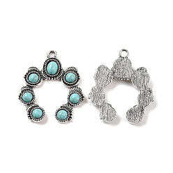 Antique Silver Alloy Pendants, with Synthetic Turquoise, Horn Charms, Antique Silver, 43x36x5mm, Hole: 3mm