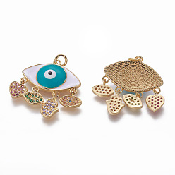 Colorful Brass Enamel Pendants, with Cubic Zirconia, Evil Eye with Lip & Heart & Hamsa Hand & Eye, Golden, Colorful, 27x23x4mm, Hole: 3mm