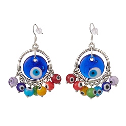 Coloré Boucles d'oreilles pendantes au chalumeau mauvais œil faites à la main, avec 304 crochets d'oreilles français en acier inoxydable, couleur argentée, colorées, 61mm, pendentif: 45x39x15 mm, pin: 0.7 mm