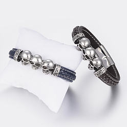 Couleur Mélangete Tressés bracelets cordon en cuir pour hommes, avec 304 accessoires en acier inoxydable et les fermoirs magnétiques, crane, couleur mixte, 8-5/8 pouces (220 mm)