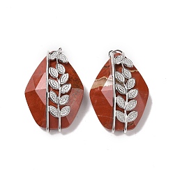 Red Jasper Natural Red Jasper Pendants, Faceted Rhombus Charm, with 304 Stainless Steel Leaf Findings, 34~35x22.5x10~11mm
