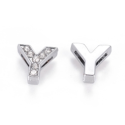Letter Y Alloy Initial Slide Charms with Grade A Rhinestones, Lead Free & Nickel Free, Platinum, Letter.Y, 13x12.5x4.5mm, Hole: 8x1.5mm