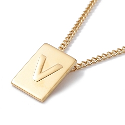 Letter V Titanium Steel Initial Letter Rectangle Pendant Necklace for Men Women, Golden, Letter.V, 18.11~18.5 inch(46~47cm)