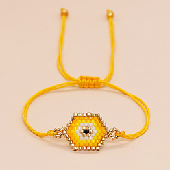 Gold Hexagon with Evil Eye Glass Seed Braided Bead Bracelet for Women, Gold, 11 inch(28cm)