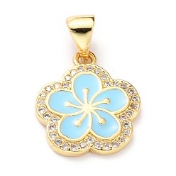 Light Blue Brass Micro Pave Cubic Zirconia Pendants, Real 18K Gold Plated, Long-Lasting Plated, Flower, Light Blue, 16x13.5x1.5mm, Hole: 5x3mm