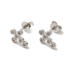 Platinum Rack Plating Brass Micro Pave Clear Cubic Zirconia Cross Stud Earrings, Long-Lasting Plated, Lead Free & Cadmium Free, Platinum, 10x7.5mm, Pin: 0.7mm