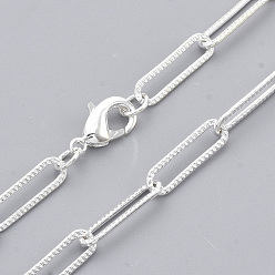 Silver Brass Textured Paperclip Chain Necklace Making, with Lobster Claw Clasps, Silver, 24.01 inch(61cm), Link: 15.5x4.5x1mm