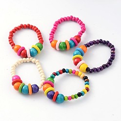 Mixed Color Kids Bracelets Wood Beaded Stretch Bracelets, Mixed Color, 47mm