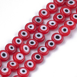 Roja Hechos a mano de perlas de mal de ojo de cristal de murano hebras, plano y redondo, rojo, 6x2.5 mm, agujero: 1 mm, sobre 64~65 unidades / cadena, 14.1 pulgada ~ 14.5 pulgada